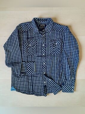 Ring of Fire Navy and White Plaid Shirt Size L